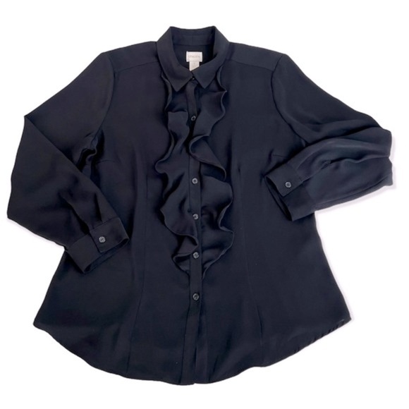 Chico’s Black Long Sleeve Ruffle Button Down Blouse. Size 1 - Picture 3 of 13